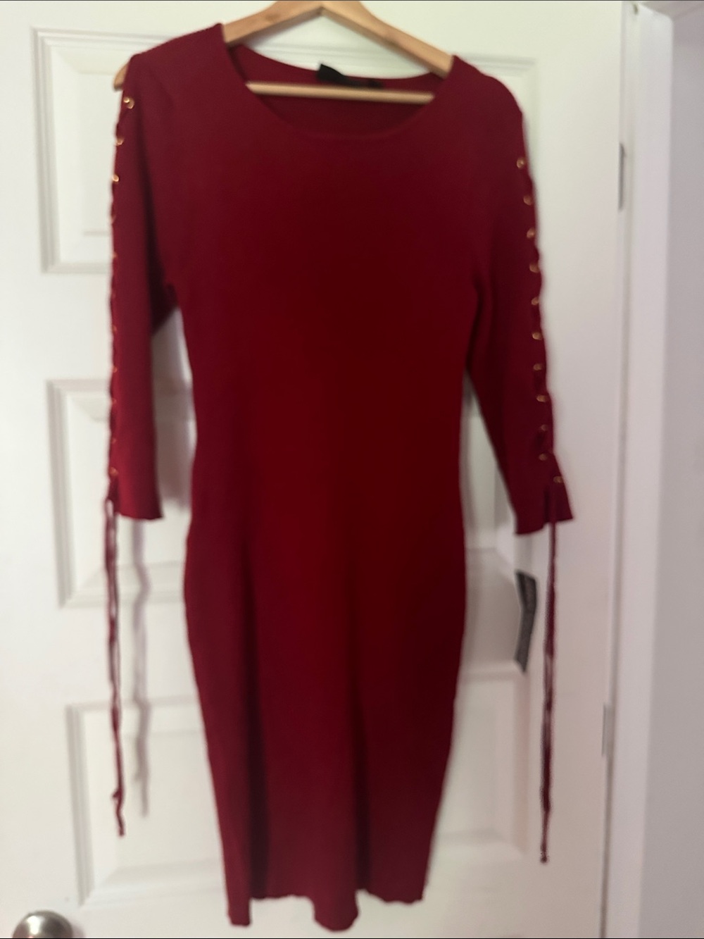 Nina Leonard Lace-Up Sleeve Knit Dress in Burgundy